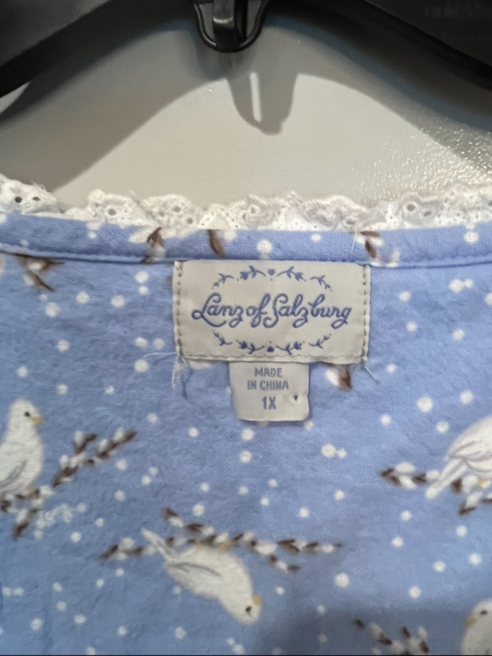 Lanz of Salzburg Light Blue snowy Dove Print flannel Nightgown with Lace Trim. - Picture 2 of 9